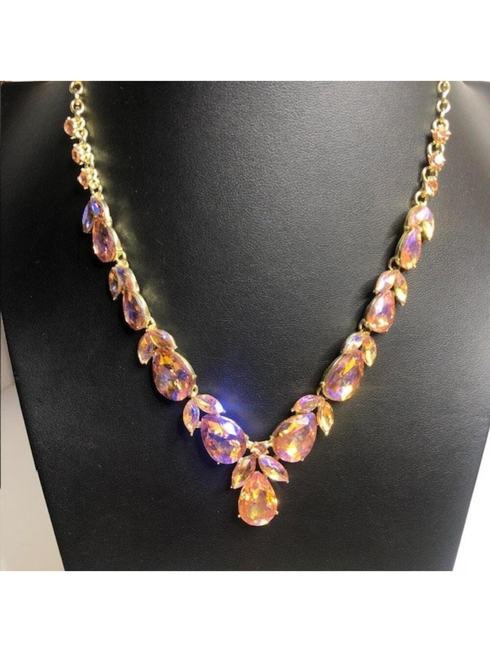 B0766 Christina Crystal Drop Necklace 18in Gold Tone Aurora Borealis AB 16-18"